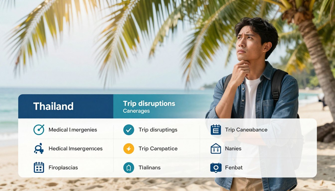 A visually engaging comparison chart illustrating trip cancellation insurance coverage options for Thailand, featuring a serene background of a tropical beach in Thailand with soft sunlight filtering through palm trees. In the foreground, a well-organized table or infographic displays various insurance plans, each represented by distinct icons symbolizing different coverage aspects such as medical emergencies, trip disruptions, and refunds. The middle layer includes an abstract representation of a tourist gazing thoughtfully at the chart, dressed in smart, casual attire, looking relieved and inspired by the peace of mind insurance offers. The overall atmosphere conveys trust, safety, and the beauty of travel, enhancing the theme of travel insurance. The composition should have a bright, inviting color palette that promotes a sense of security and adventure.