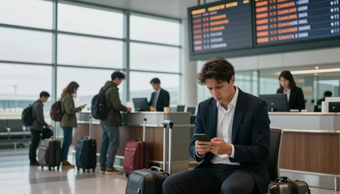 A visually striking representation of travel disruptions, featuring a forlorn traveler at an airport terminal, surrounded by scattered luggage and an illuminated departure board displaying canceled flights. In the foreground, emphasize the traveler, a person in professional business attire, looking worried while checking their phone. In the middle ground, include fellow travelers, also appearing anxious, and service desks with employees assisting passengers, creating a sense of urgency. The background shows large windows revealing a gloomy, overcast sky outside, reflecting a mood of disappointment and uncertainty. Use soft, diffused lighting to enhance the atmosphere of concern while ensuring clarity in the details of the scene. Focus on conveying the importance of travel insurance as a safeguard against these unforeseen circumstances.