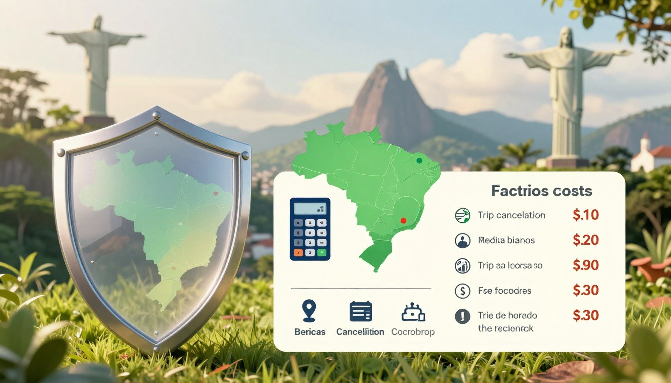 A detailed infographic-style illustration depicting the cost factors and pricing of travel insurance for Brazil, designed to evoke a sense of safety and security for travelers. In the foreground, feature a transparent shield symbolizing protection, with icons representing various cost factors such as medical expenses, trip cancellations, and coverage types. In the middle, include visual elements like a travel map of Brazil with highlighted destinations, alongside a calculator and currency symbols, demonstrating pricing calculations. The background should depict a serene Brazilian landscape with iconic landmarks like the Christ the Redeemer statue and lush greenery under soft, warm lighting, creating a peaceful and inviting atmosphere. The overall mood should convey assurance and readiness for safe travels, free from any text or clutter.