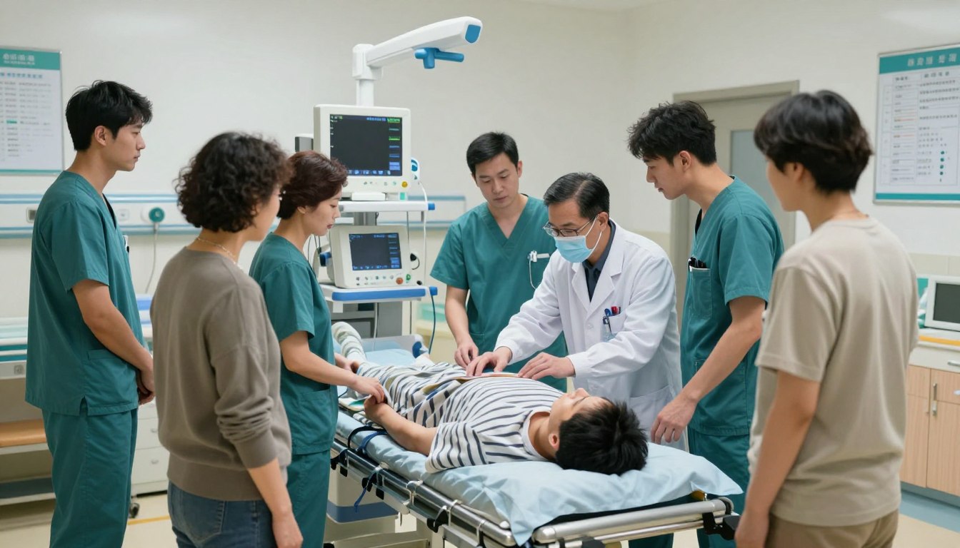 A dynamic scene in a modern hospital emergency room in China, showcasing a diverse group of medical professionals in professional scrubs attending to a patient on a gurney. The foreground features a concerned family member in modest casual attire, looking relieved as a doctor discusses treatment options. In the middle, bright and sanitized medical equipment and monitors illuminate the space, conveying a sense of urgency and care. The background should depict a clean, well-organized environment with medical charts and an Asian-inspired design aesthetic. Soft, focused lighting creates a reassuring atmosphere, emphasizing travel safety and peace of mind associated with medical coverage. The image captures the essence of emergency treatment procedures, reflecting the significance of health insurance while traveling in China. A dynamic scene in a modern hospital emergency room in China, showcasing a diverse group of medical professionals in professional scrubs attending to a patient on a gurney. The foreground features a concerned family member in modest casual attire, looking relieved as a doctor discusses treatment options. In the middle, bright and sanitized medical equipment and monitors illuminate the space, conveying a sense of urgency and care. The background should depict a clean, well-organized environment with medical charts and an Asian-inspired design aesthetic. Soft, focused lighting creates a reassuring atmosphere, emphasizing travel safety and peace of mind associated with medical coverage. The image captures the essence of emergency treatment procedures, reflecting the significance of health insurance while traveling in China.