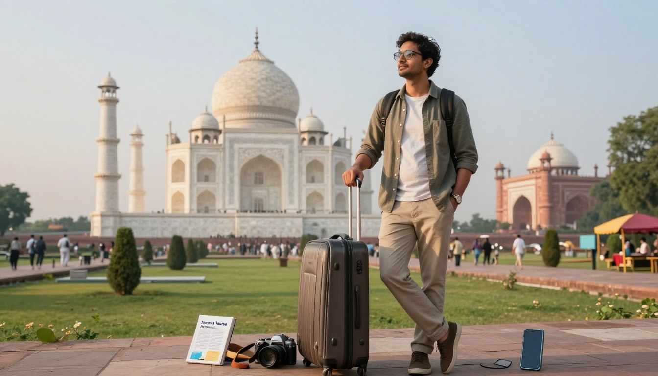 A serene travel scene showcasing the essence of insurance coverage for travelers in India. In the foreground, a professional-looking individual dressed in modest casual clothing stands beside a large suitcase, looking content and at ease. Surrounding them are various travel essentials like a travel guide, a camera, and a smartphone, symbolizing preparation and adventure. In the middle, an idyllic landscape of iconic Indian landmarks, such as the Taj Mahal and vibrant markets, evokes a sense of exploration. The background features soft, warm lighting, reminiscent of an early morning in India, with clear skies and lush greenery. The overall mood is reassuring and optimistic, emphasizing safety and peace of mind while traveling.